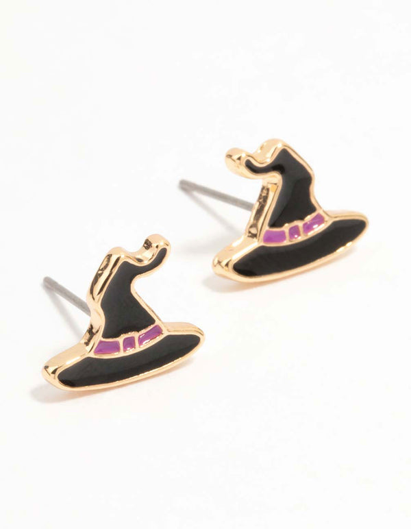 Black Witch Hat Stud Gold Earrings