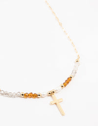 Gold Plated Bead & Pearl Cross Necklace - link has visual effect only