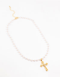 Gold Plated Pearl Baroque Cross Necklace - link has visual effect only