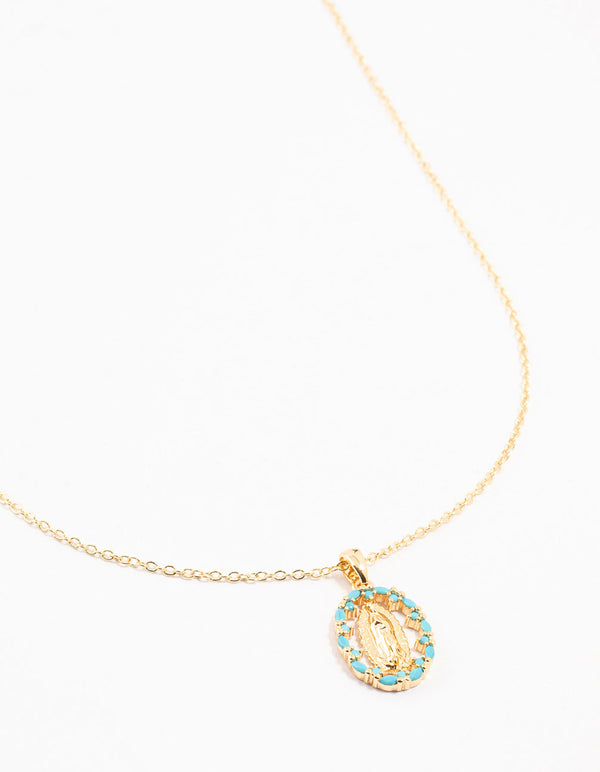 Gold Plated Blue Diamante Edge Mary Necklace