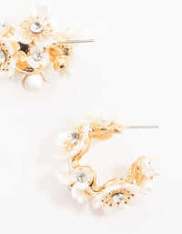 Gold Pearlised Flower Medium Hoop Earrings - link has visual effect only