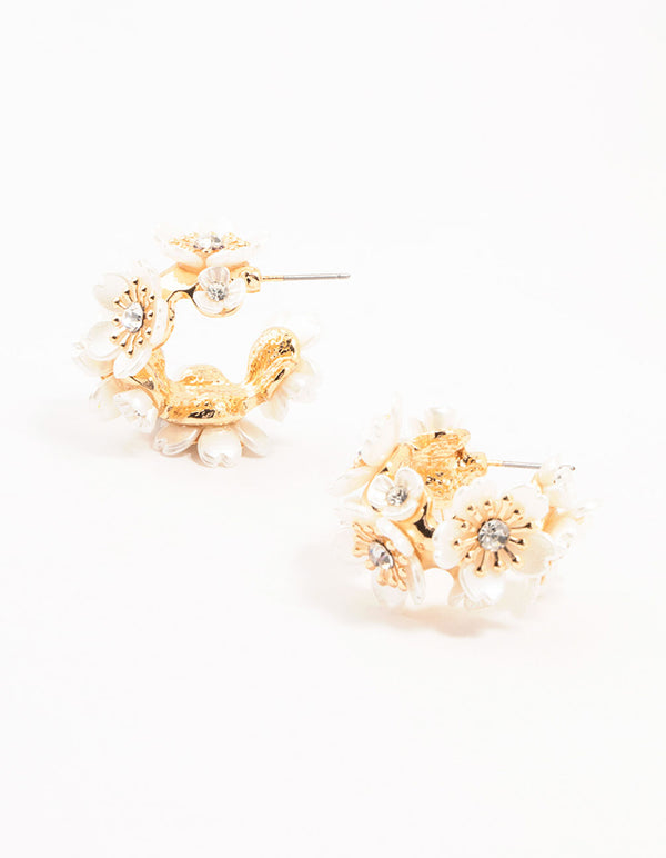 Gold Pearlised Flower Medium Hoop Earrings