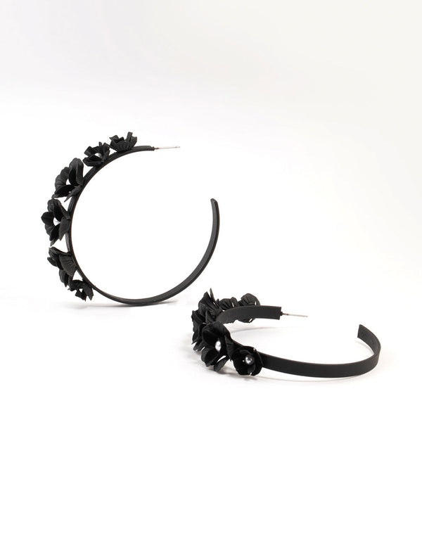 Black Plastic Floral Pearl Hoop Earrings