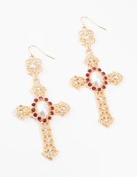 Gold  & Red Pearl Large Cross Drop Earrings - link has visual effect only