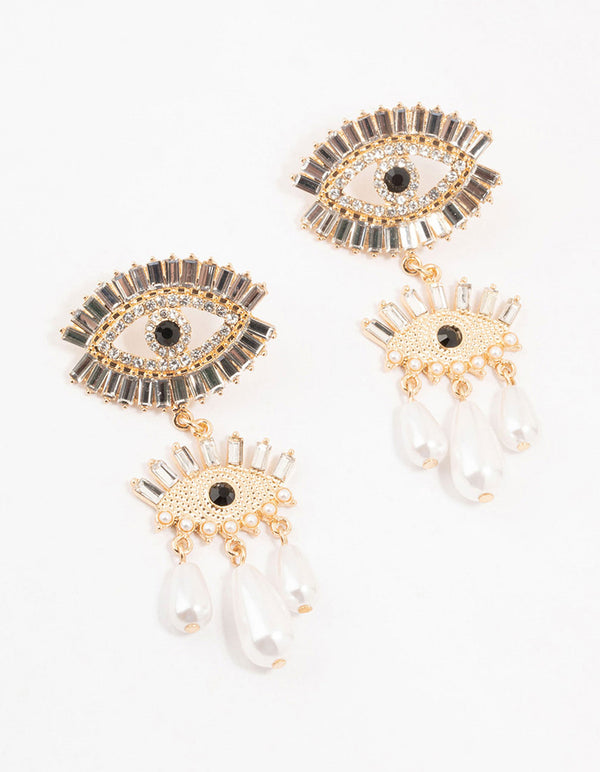 Gold & Black Pearl Evil Eye Drop Earrings