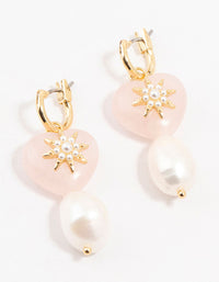 Gold Plated Semiprecious Rose Quartz Heart & Pearl Earrings - link has visual effect only