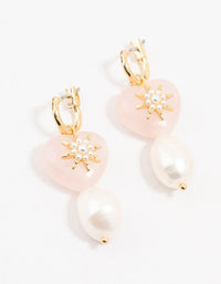 Gold Plated Semiprecious Rose Quartz Heart & Pearl Earrings - link has visual effect only