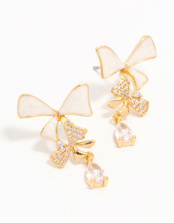 Real Gold Plated Cascading Cubic Zirconia & Cream Bow Drop Earrings