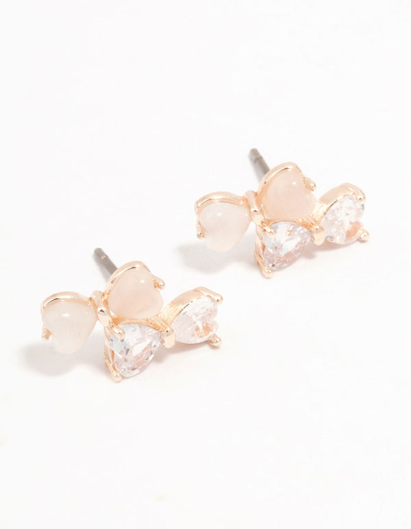 Rose Gold Plated Double Pink & Cubic Zirconia Bow Stud Earrings