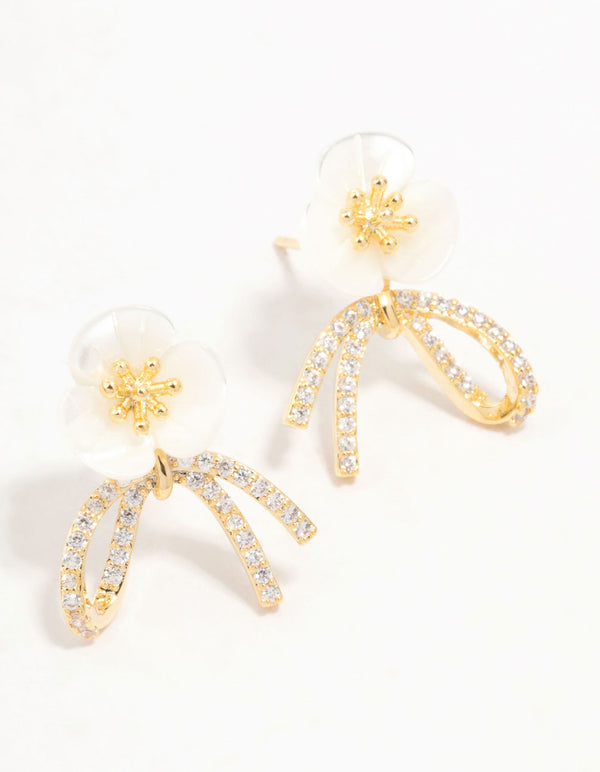 Real Gold Plated Pearlised Flower & Ribbon Cubic Zirconia Bow Stud Earrings