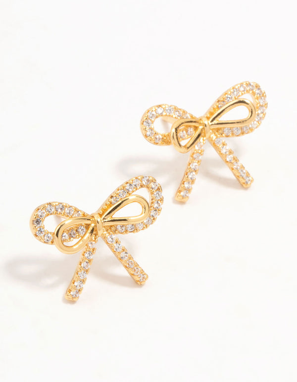 Real Gold Plated Pave Set Cubic Zirconia Halo Bow Stud Earrings