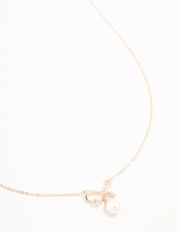 Rose Gold Plated Bow Freshwater Pearl Drop Necklace