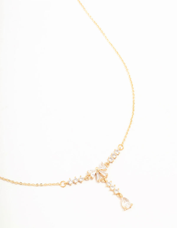 Real Gold Plated Baguette Cut Cubic Zirconia Bow Y-Necklace