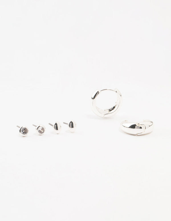 Silver Mixed Simple Stud & Hoop Earrings 3-Pack