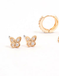 Gold Cubic Zirconia Butterfly & Flower Earrings 3-Pack - link has visual effect only