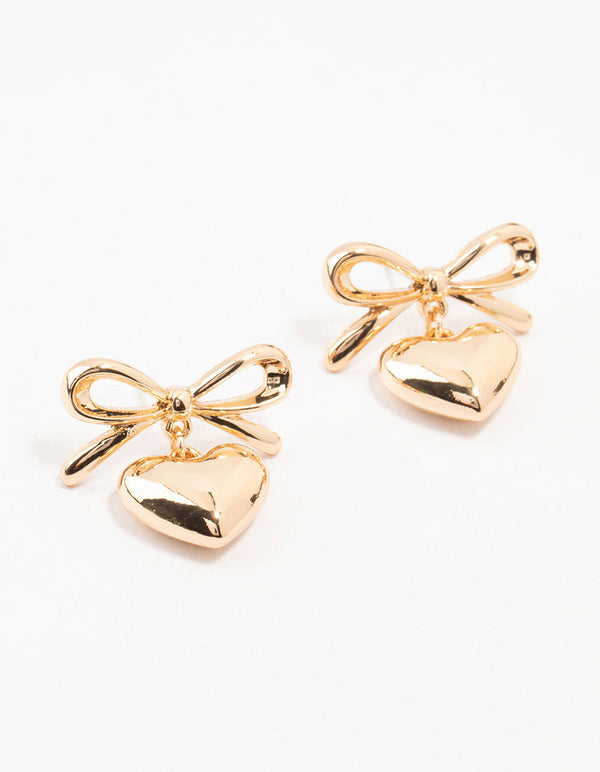 Gold Bow & Puffy Heart Drop Earrings