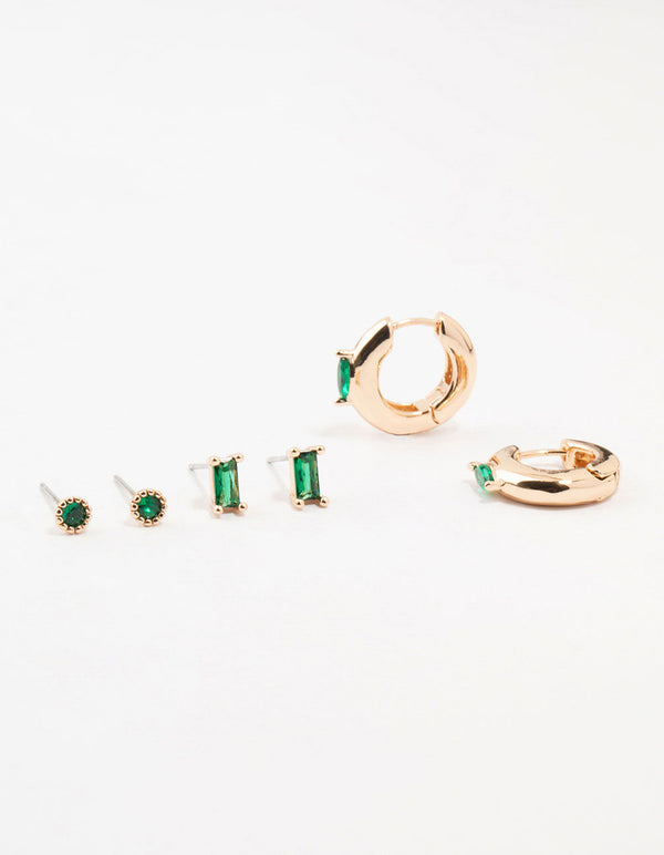 Gold Baguette Green Marquise Huggie Earrings 3-Pack