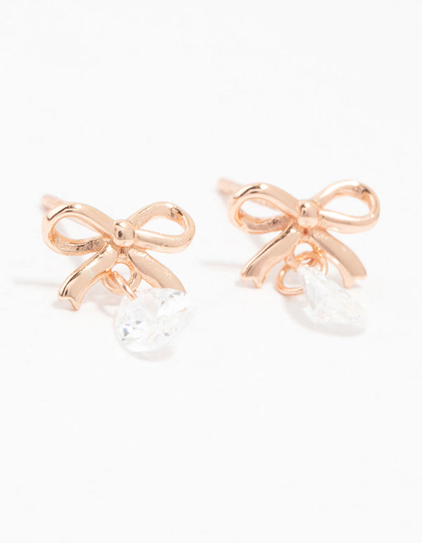 Rose Gold Plated Sterling Silver Bow And Pear Shaped Cubic Zirconia Stud Earrings