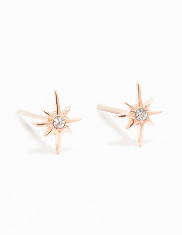 Rose Gold Plated Sterling Silver Mini Starburst Cubic Zirconia Stud Earrings