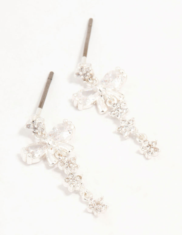 Silver Plated Cubic Zirconia Bow & Mini Flower Drop Earrings