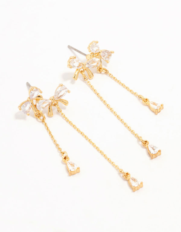 Real Gold Plated Cubic Zirconia Double Bow & Chain Earrings