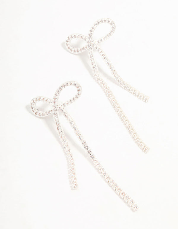 Silver Plated Cubic Zirconia Loop Cup Chain Bow Earrings