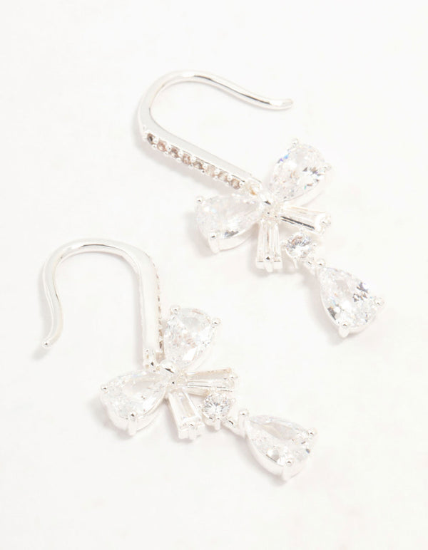 Silver Plated Pear Cut Cubic Zirconia  Bow Hook Earrings