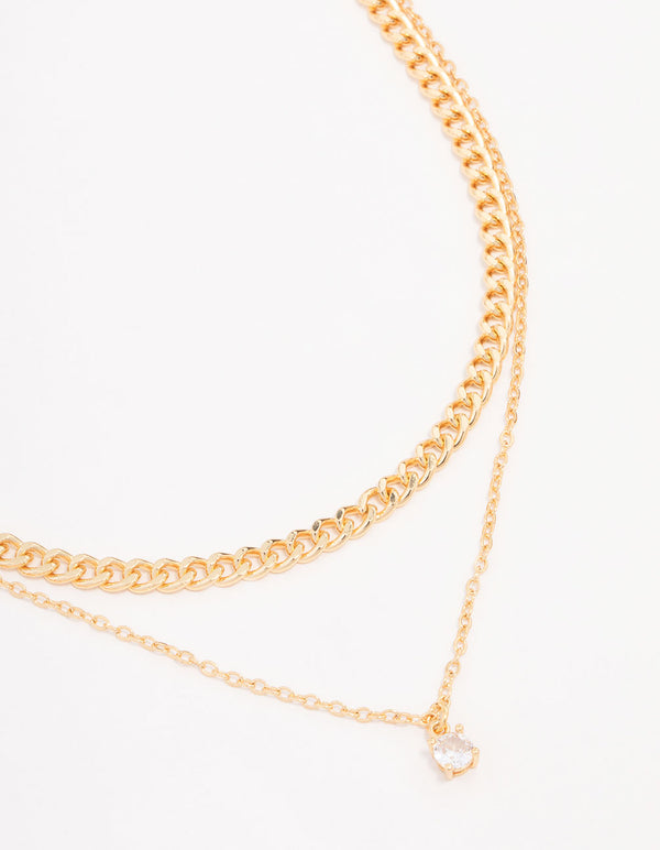 Gold Plated Diamante Curb Chain Layered Necklace