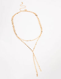 Gold Plated Round Link Layered Y-Necklace - link has visual effect only