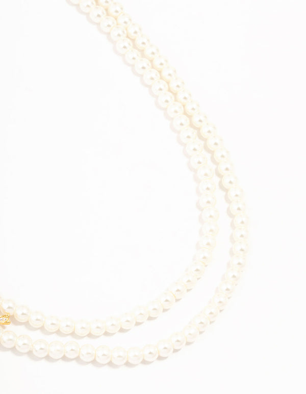 Real Gold Plated Layered Freshwater Pearl Strand Bow Necklace