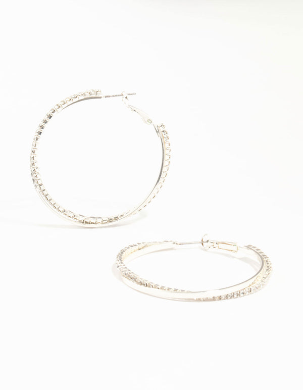 Silver Smooth Cup Chain Diamante Hoop Earrings