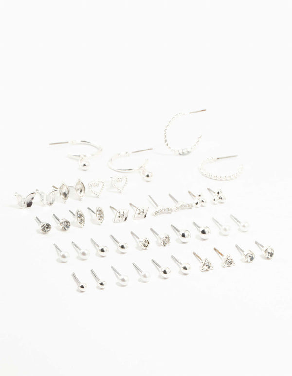 Silver Multiple Stud & Hoop Earrings 20-Pack