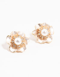 Real Gold Plated Cubic Zirconia Pearlised Pearl Peony Earrings - link has visual effect only