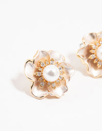 Real Gold Plated Cubic Zirconia Pearlised Pearl Peony Earrings - link has visual effect only