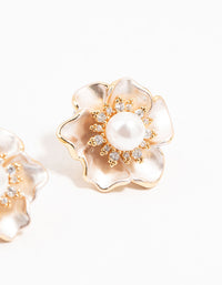 Real Gold Plated Cubic Zirconia Pearlised Pearl Peony Earrings - link has visual effect only