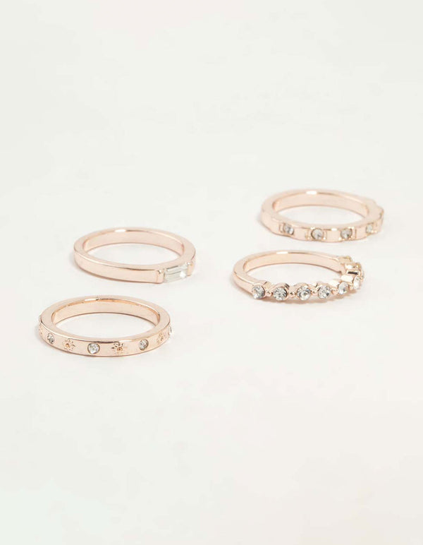 Rose Gold Plated Molten & Diamante Rings 6-Pack