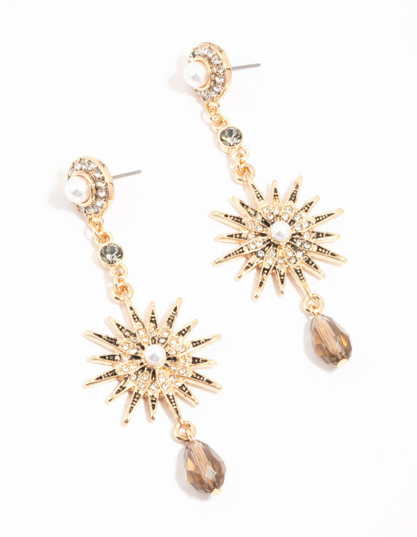 Gold Pearl & Diamante Celestial Drop Earrings