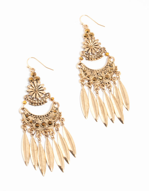 Antique Gold Patterned Large Drop Earrings