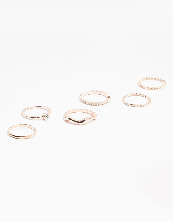 Rose Gold Plated Molten & Diamante Rings 6-Pack