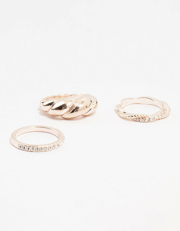 Rose Gold Plated Diamante Twisted Rings 3-Pack