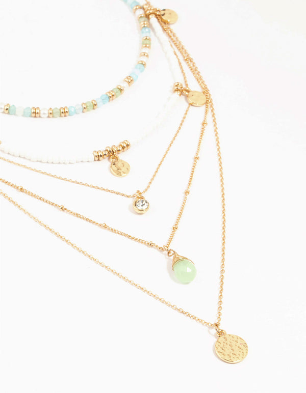 Gold Layered Blue, Green & White Disc Necklace