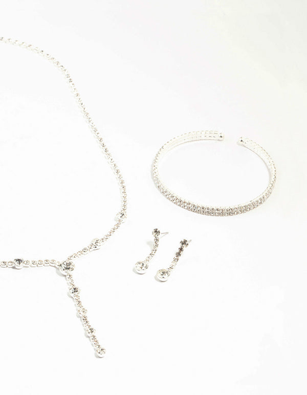 Silver Diamante Station Necklace & Earrings & Bracelet Set