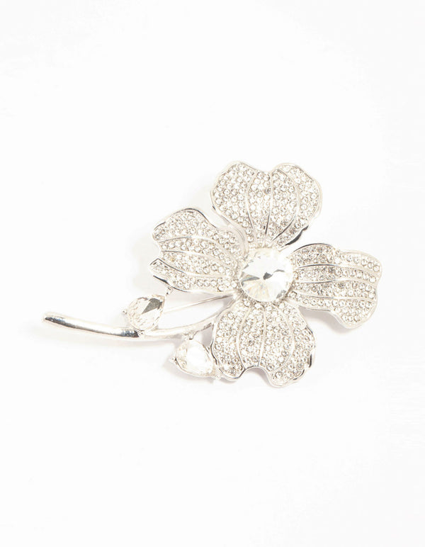 Silver Diamante Flower Brooch