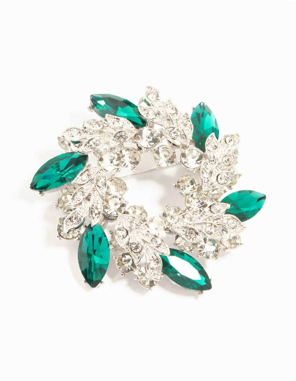 Silver & Green Diamante Wreath Brooch