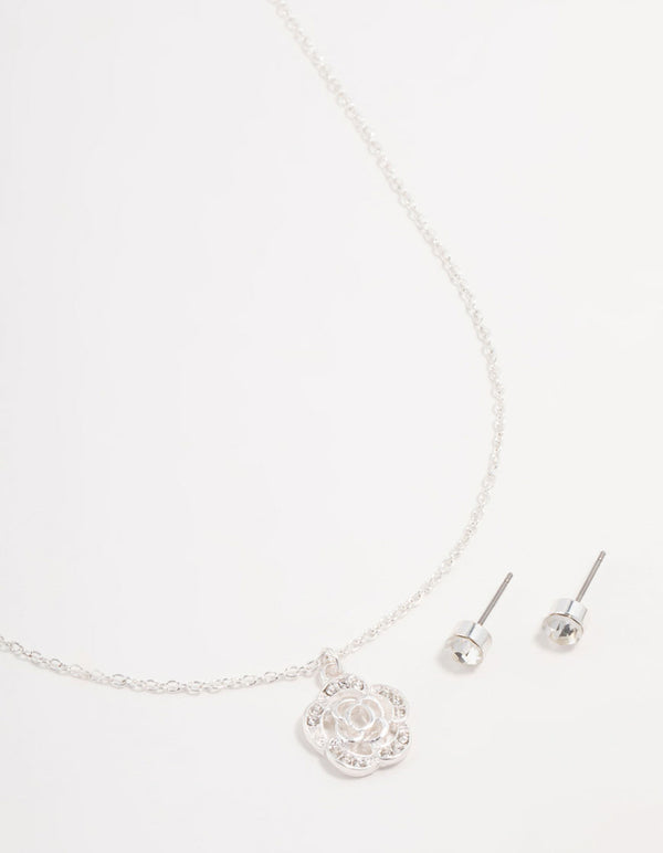 Silver Rose Diamante Necklace & Earrings Set