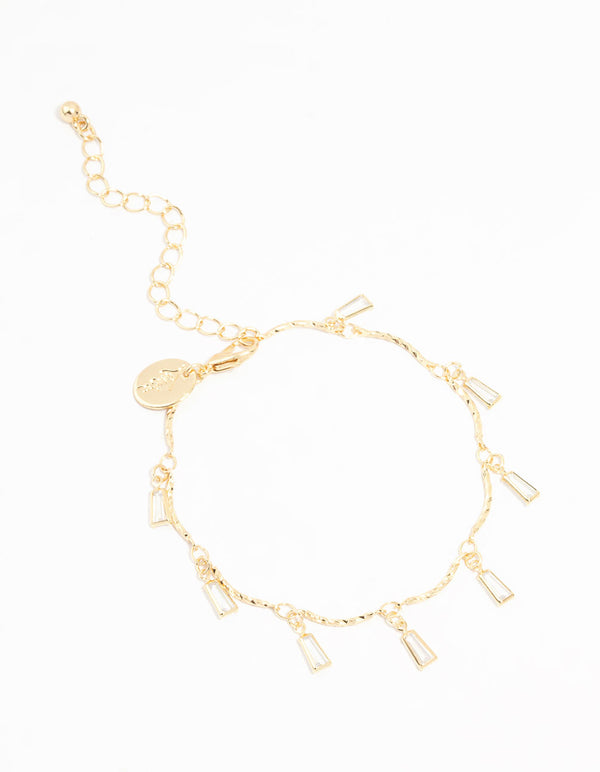 Gold Plated Brass Cubic Zirconia Baguette Charm Bracelet