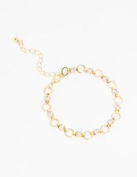 Gold Plated Brass Alternating Cubic Zirconia Round Link Bracelet - link has visual effect only