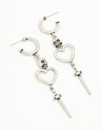 Antique Silver Heart & Skull Dagger Drop Earrings - link has visual effect only