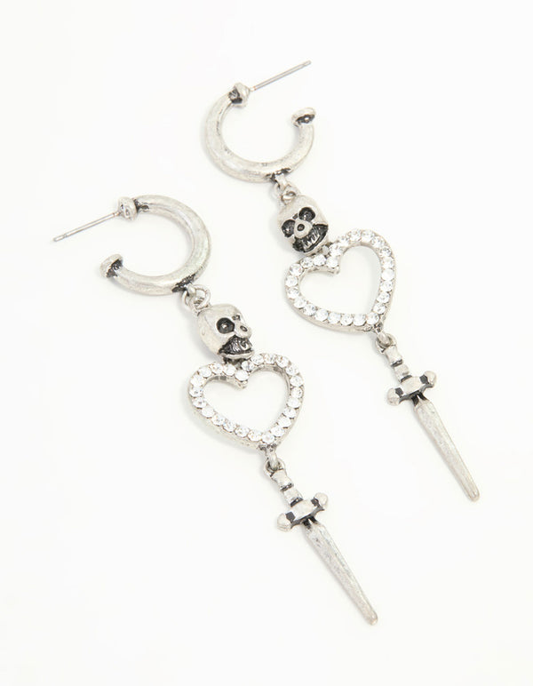 Antique Silver Heart & Skull Dagger Drop Earrings