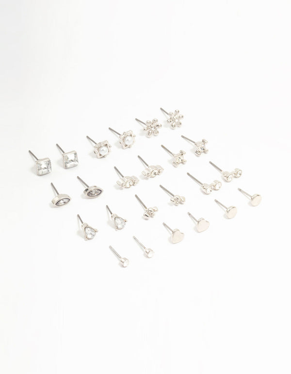 Rhodium Diamante Stud Earrings 12-Pack